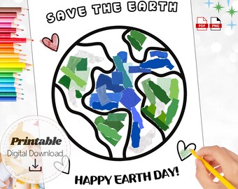 Könnte beinhalten: Ein weißer, druckbarer digitaler Download mit dem Text "SAVE THE EARTH" und "HAPPY EARTH DAY!". Ein Globus ist mit blauen und grünen Papierstücken gefüllt. Eine Hand zeichnet ein grünes Herz mit einem gelben Bleistift.