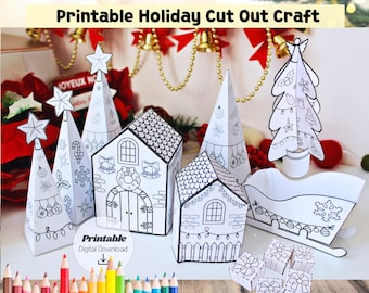 May include: A 3D Christmas Town Set with printable holiday cut-out craft elements. The set includes paper houses, Christmas trees, a sleigh, and gift boxes, all in black and white, ready to be colored. A set of colored pencils is in the foreground.