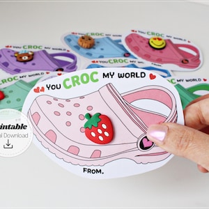 Charme de chaussure Croc Saint-Valentin salle de classe Saint-Valentin imprimable, cadeaux de la Saint-Valentin pour les enfants à l'école, fichier numérique de carte You Croc My World