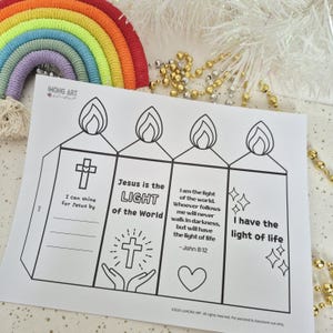 May include: A black and white printable featuring four candle-shaped panels with religious text and imagery. The text includes phrases like "Jesus is the LIGHT of the World" and "I have the light of life." A rainbow decoration is visible in the background.