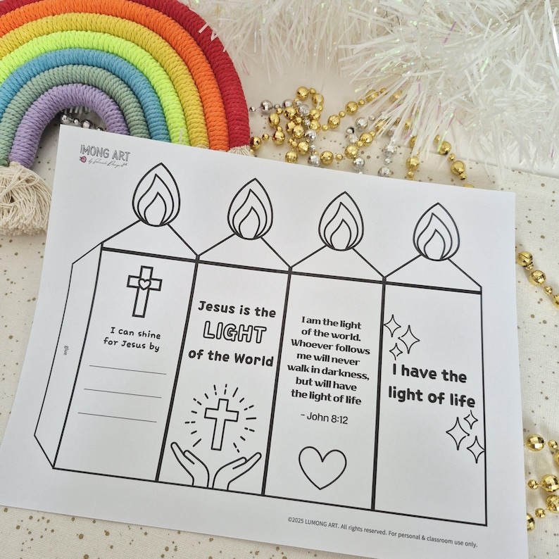 May include: A black and white printable featuring four candle-shaped panels with religious text and imagery. The text includes phrases like "Jesus is the LIGHT of the World" and "I have the light of life." A rainbow decoration is visible in the background.