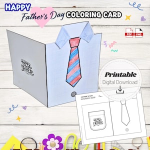 Father's Day Card Printable: Shirt and Tie 3D Coloring Craft for Kids, Happy Father's Day Gift for Dad, Preschool DIY Handmade Card PDF
