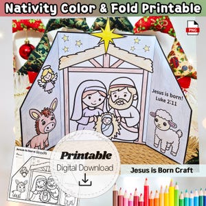Könnte beinhalten: Eine ausdruckbare, ausmalbare und faltbare Krippenszene mit Maria, Josef und dem Jesuskind in einem Stall. Das Design umfasst einen Esel, ein Lamm und einen Engel, mit dem Text "Jesus is born! Luke 2:11" und "Jesus is Born Craft."