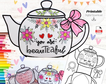 Printable Teapot Craft Kids Mom Gift Idea Mother’s Day Tea Bag Holder Happy Mothers Day DIY Tea Pot Craft BeauTEAful Digital Download