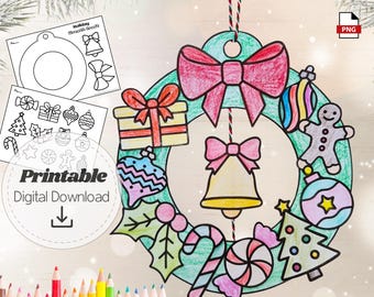Utskrivbart DIY-julkranspyssel för barn | Målar- och klipputaktivitet för högtider | Julpyssel med papper | Direkt nedladdning