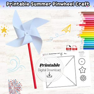 Könnte beinhalten: Ein weißes Papierwindrad an einem roten Stab neben einer druckbaren Vorlage mit dem Text Printable Summer Pinwheel Craft, Printable Digital Download, PNG und PDF. Ein Stapel Buntstifte ist auf der rechten Seite des Bildes zu sehen.