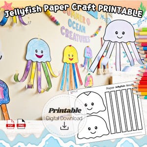 May include: A Jellyfish Paper Craft Printable digital download featuring black and white outlines of jellyfish heads and tentacles. The image displays finished, colored paper jellyfish crafts on a wall and a template sheet with PDF and PNG icons.