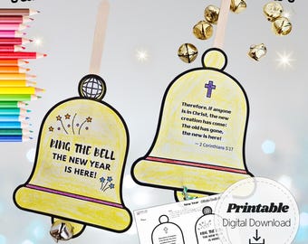 Druckbare Bibelglocke des neuen Jahres Handwerk für Kinder, Sonntagsschulbibellektion, 2 Korinther 5:17 Christliche Neujahrsaktivität, Kirchenfärbung