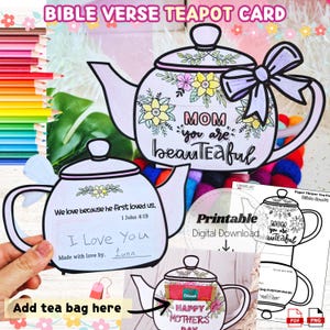 Lavoretto creativo per la Festa della Mamma: teiera a tema biblico per bambini, cartolina da colorare per la scuola domenicale, versetto biblico 1 Giovanni 4:19 stampabile, regalo fai da te per la Festa della Mamma in formato PDF