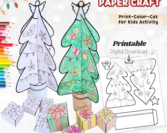 Paper Christmas Tree 3D Craft Printable, Kids Holiday Activity to Color and Assemble, Easy DIY Christmas Art Kit Instant Download