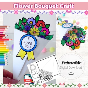 Puede incluir: Una colorida manualidad de ramo de flores con el texto "Flower Bouquet Craft" en la parte superior. El ramo está hecho de papel y presenta una variedad de flores en tonos de rojo, amarillo, morado y azul. El ramo tiene una cinta azul y amarilla con el texto "I Love You".