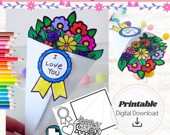 Blumenstrauß Handwerk druckbare Farbe & Schnitt Aktivität Frühlingspapier Blumenkegel Kinder Basteln faltbare Färbung Karte DIY digitaler Download