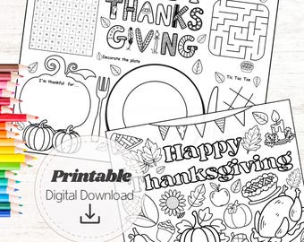 Thanksgiving Activity Placemat - Coloring & Games for kids Printable Thankful pages Digital Download