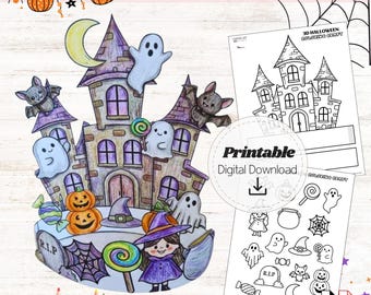 Haunted House Paper Craft Printable, Fun 3D Halloween Activity for Kids, Coloring & Cut-Out Craft, Halloween Art, Classroom Digital Download