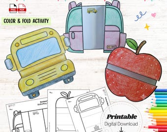 Back to School Craft for Kids, Printable Foldable Cards Set of 3, Color and Fold Activity, School Bus Backpack Apple Coloring Craft