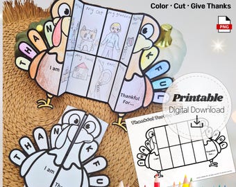 May include: Printable Thanksgiving turkey craft with the text "Printable Thankful Turkey". The image shows a color-in turkey craft with the words "I am" and "Thankful For..." on the turkey's body. A digital download is also shown.