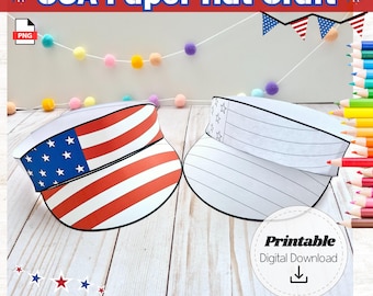 USA Paper Hat Craft Template Printable 4th of July Crown Kids Activity American Flag Memorial Day Paper Patriotic Visor DIY Digital Download