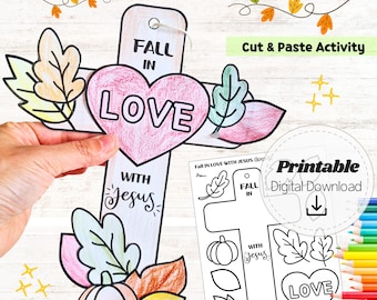Fall In Love With Jesus Craft, Christian Cross Bible Activity, Autumn Sunday School Printable, Easy Kids Thanksgiving Craft