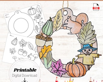 Printable Herbst Papier Kranz | Herbstlaub Kinderaktivität, Thanksgiving-Klassenzimmerprojekt, DIY Färbung Dekoration, digitaler Download