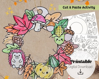 Fall Wreath Craft Printable, Kids Autumn Wreath Door Hanger Activity , Cute Leaf Cut and Paste, Preschool Fine Motor Craft PDF