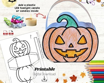Halloween Pumpkin Basket Paper Craft Printable, 3D Jack O Lantern Treat Bag DIY, Kids Classroom Activity, Halloween Craft for Toddlers