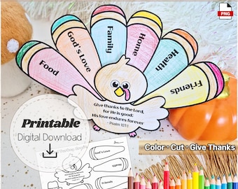 Thanksgiving-bijbelknutsel voor kinderen, dankbaar kalkoenkleuring, dankbaarheidsactiviteit zondagsschool, Psalm 107:1 afdrukbaar, christelijk herfstambacht