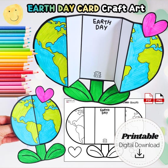 Earth Day Craft Printable for Kids, Earth Day Card Craft, Preschool Activity, Kindergarten Classroom Craft, Easy Coloring Activity PDF