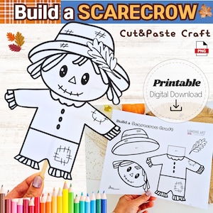 Könnte beinhalten: Ein schwarz-weiß druckbares Vogelscheuchen-Bastelprojekt mit dem Text "Build a Scarecrow" und "Cut&Paste Craft". Das Bild enthält eine fertige Vogelscheuche und ein Blatt mit den Teilen der Vogelscheuche. Die Worte "Printable Digital Download" sind ebenfalls sichtbar.