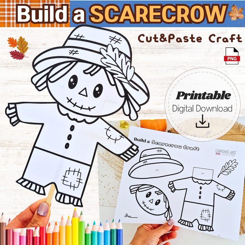 May include: A black and white line art digital download for a Build a Scarecrow cut and paste craft. The image features a scarecrow with a hat, stitched mouth, and patches, alongside a printable sheet showing individual parts to assemble.