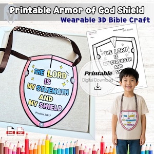 May include: A printable shield craft featuring the text The Lord is my strength and my shield Psalm 28:7. The shield is colored with pink borders and blue lettering, attached to a brown polka dot ribbon. Includes a digital download template.