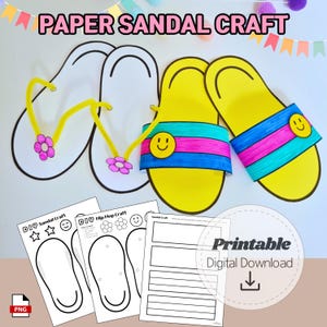May include: A colorful craft project featuring paper sandals. The image shows two white sandals with yellow straps and pink flower accents, and two yellow sandals with blue, pink, and green straps, and smiley face details. The text "PAPER SANDAL CRAFT" is at the top.