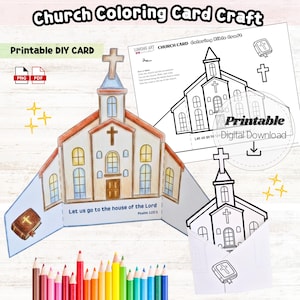 May include: A printable DIY church coloring card craft. The image shows a three-dimensional church card with a cross on top and a Bible. The card is open, revealing the interior. A set of colored pencils is at the bottom.