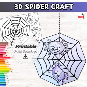 Op de afbeelding: Een printbaar 3D-spinnencraft met de tekst "3D SPIDER CRAFT". De afbeelding toont een spinnenweb met twee spinnen, een grijze en een paarse. Een vel met spinnenweb- en spinnentekeningen is ook inbegrepen. De woorden "Printable Digital Download" zijn ook zichtbaar.