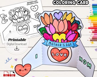 Mother's Day Flower Card Craft for Kids, 3D Pop Up Mom Gift, Preschool Kindergarten Coloring Activity, Sunday School Printable, Bouquet Card