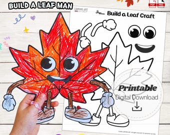 Build A Leaf Man Craft For Kids, Autumn Cut And Paste Activity, Easy Fall Printable Art, Preschool Thanksgiving Lesson