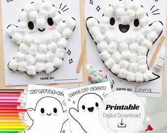 Cotton Ball Ghost Craft Printable | Tissue Paper Ghost Halloween Craft | Preschool Kindergarten Activity | Glue Practice Kids Art PDF, PNG