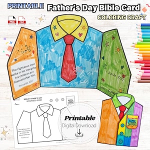 May include: A printable Father's Day Bible card coloring craft featuring a shirt-shaped design with a yellow collar, red tie, and blue shirt body. The card includes the text Proverbs 20:7, I Love You, and Happy Father's Day, with colored pencils nearby.