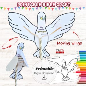 Könnte beinhalten: Ein druckbares Bibel-Bastelprojekt mit einer weißen Taube mit beweglichen Flügeln. Die Taube hält einen Olivenzweig und trägt den Text "My peace I give you John 14:27". Das Design beinhaltet eine digitale Download-Option.