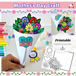 Ramo de flores para el Día de la Madre, manualidad para imprimir, colorear y cortar, cono de flores de papel de primavera, manualidades para niños, tarjeta para colorear plegable, bricolaje
