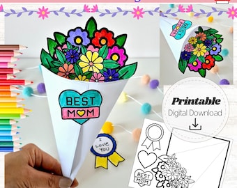 Mother's Day Flower Bouquet Craft BEST MOM Printable Color & Cut Activity Spring Paper Flower Cone Kids Crafts Foldable Coloring Card DIY