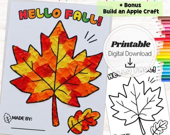 Fall Leaf Tissue Paper Craft for Kids, Hello Fall Printable, Torn Paper Autumn Activity, Preschool Kindergarten Fine Motor Craft