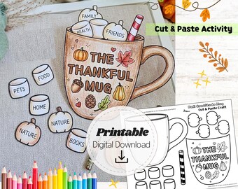 Fall Gratitude Craft for Kids, Thanksgiving Classroom Activity, Thankful Mug Cut and Paste Printable, Autumn Hot Cocoa Coloring Craft