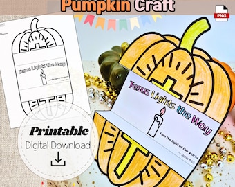 Jesus Lights the Way Pumpkin Craft, Printable Christian Fall Activity for Kids, Sunday School Craft, John 8:12, I am the light of the world