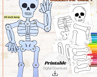 Large Movable Skeleton Craft Template, 24" Tall Paper Skeleton Decor, Posable Jointed Skeleton Craft for Kids, Halloween Wall Decoration PDF
