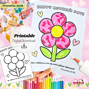 May include: A printable digital download for Mother's Day. The image features a large flower with pink petals and a yellow center, with the words "Happy Mother's Day!" above it. The text "Her children rise up and call her blessed Proverbs 31:28" is also included.