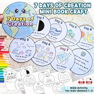 May include: A children's mini-book craft illustrating the 7 Days of Creation. Each circular page shows a day with drawings and text from Genesis. Includes PDF and PNG files for printing and colouring. A fun Bible activity.