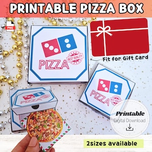 May include: Printable pizza box design with a red and blue logo, the word "PIZZA", and a "Best Quality" seal. The image includes a gift card design and text that says "2 sizes available".