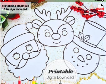 Weihnachtsmaske Set zum Ausdrucken | Weihnachtsmann, Rentier, Schneemann Papiermasken Kostüm | DIY Malvorlagen für Kinder | Sofortiger Download PDF PNG