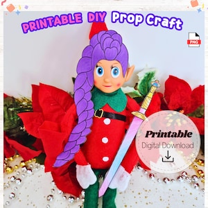 Printable Pop Star Elf Craft Set | Purple Hair Paper Sword Prop | Fun Holiday Elf Scene | DIY Printable Paper Craft | Digital Download