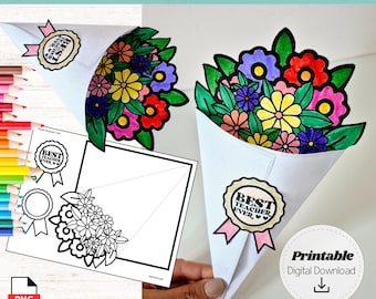 Printable Teacher Flower Bouquet Craft Best Teacher Ever DIY Gift Thank You Card Coloring Activity Paper Cone Flowers for Kids Craft Digital